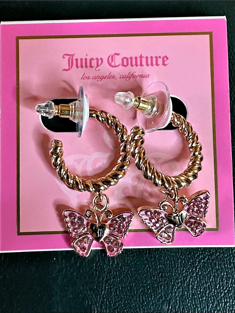 Juicy Couture Pink Crystal Butterfly Charm Hoop Earrings